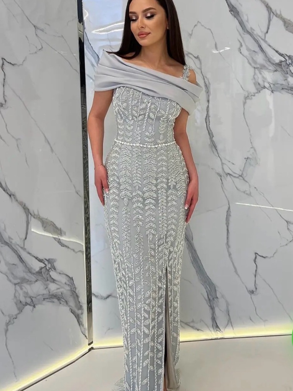 One-Shoulder Silver Embellished Evening Gown